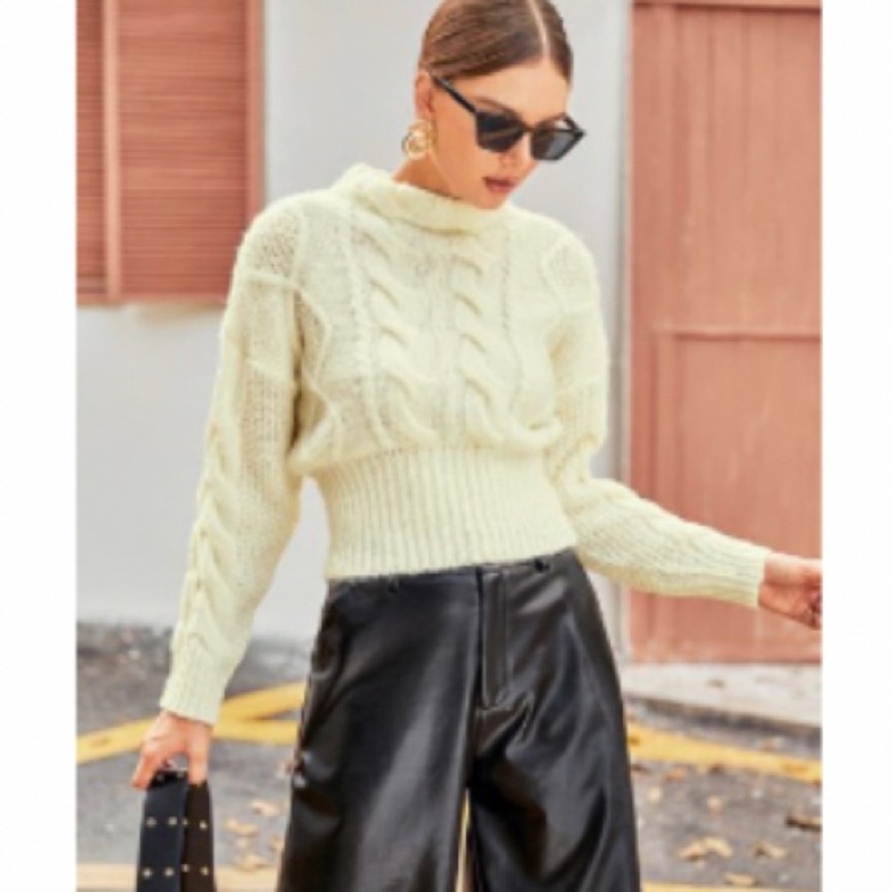 White Cable Knit turtleneck mock neck cropped sweater with drop shoulder